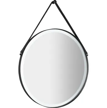 Zrcadlo Sapho ORBITER kulaté zrcadlo s LED osvětlením ø 70cm, kožený pásek, černá mat
