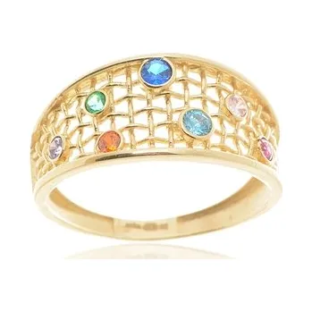 Prsten Dámský prsten ze žlutého zlata s barevnými zirkony PR0666F + DÁREK ZDARMA