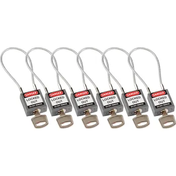 Visací zámek Visací zámky, nylonové pouzdro, kabelový třmen, BJ = 6 kusů, šedé, nevodivé