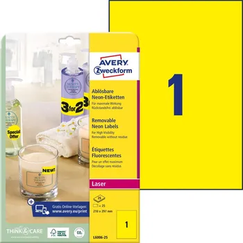 Samolepící etiketa Avery Zweckform L6006-25 Neonové etikety A4 210x297 mm, 25 ks, žluté + online software pro tisk etiket + tisková šablona ke stažení zdarma