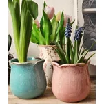 Modrý keramický obal na květináč s vlnitým okrajem M - Ø 12*12 cm