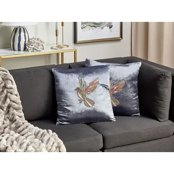 Bytový textil Sada 2 dekorativních polštářů Šedé sametové 45 x 45 cm čtvercové ručně vyráběné ozdobné polštáře vyšívaný zvířecí ptačí vzor snímatelný povlak Beliani