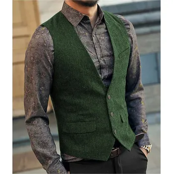 Pánská tweed vesta k obleku elegantní Barva: Zelená, Velikost: S
