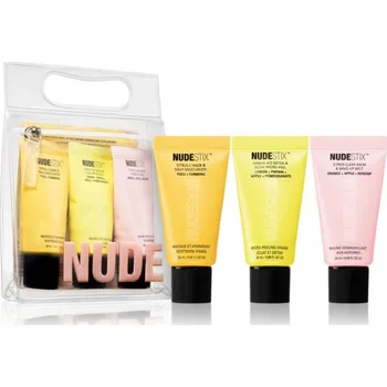Nudestix Nudeskin Nudeskin odličovací a čisticí balzám na obličej 20 ml + Nudeskin hydratační krém na obličej na den i noc 20 ml + Nudeskin rozjasňující peeling na obličej 20 ml + kosmetická taštička