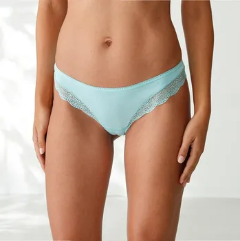 Dámské spodní prádlo Sada 3 kalhotek tanga z bavlny a krajky modrá+nám.modrá+šedá 50/52