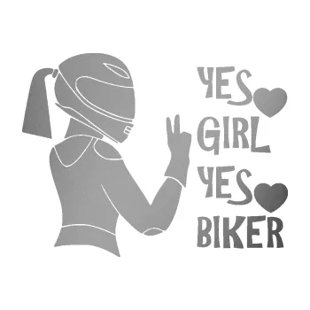 Samolepící dekorace Yes girl, yes biker motorkářka (42 - stříbrná metalíza) SAMOLEPKA NA AUTO, NÁLEPKA, FÓLIE, POLEP, TUNING, VLASTNÍ TEXT, TISK, AUTOSAMOLEPKY.cz, POLEPY, OBRÁZEK, LOGO, 3D STICKERS