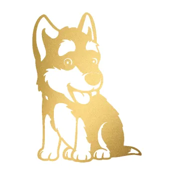 samolepka Pes 195 levá Husky štěňátko (43 - zlatá metalíza) SAMOLEPKA NA AUTO, NÁLEPKA, FÓLIE, POLEP, TUNING, VLASTNÍ TEXT, TISK, AUTOSAMOLEPKY.cz, POLEPY, OBRÁZEK, LOGO, 3D STICKERS
