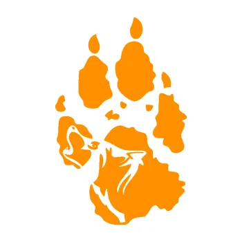 Polep vozidla SAMOLEPKA Vlk 018 pravá stopa s vlčím obrysem (06 - oranžová) NA AUTO, NÁLEPKA, FÓLIE, POLEP, TUNING, VLASTNÍ TEXT, TISK, AUTOSAMOLEPKY.cz, POLEPY, OBRÁZEK, LOGO, SAMOLEPKY