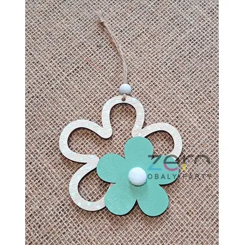 Květ s květem dřevěný závěsný 10 cm - přírodní/mátová