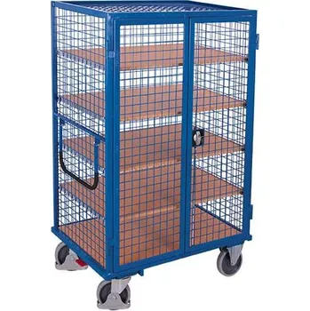 Skříňový vozík VARIOfit s dveřmi a policemi, síťované stěny, pět polic, zámek s otočnou rukojetí, 1245x785 mm, nosnost 500 kg