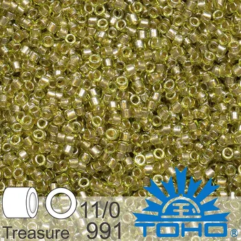 Dětské navlékací korálky Korálky TOHO tvar TREASURE (válcové). Velikost 11/0. Barva č. 991 Gold-Lined Olivine Chrysolite . Balení 5g.