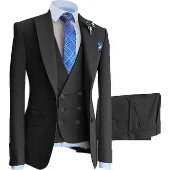 Luxusní svatební oblek na svatbu s dvouřadou vestou Barva: Černá, Velikost: 5XL