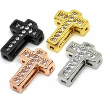 Dětské navlékací korálky Pro Háčkování Mezidíl kříž se zirkony 10,5 x 7,5 mm růžově zlatý