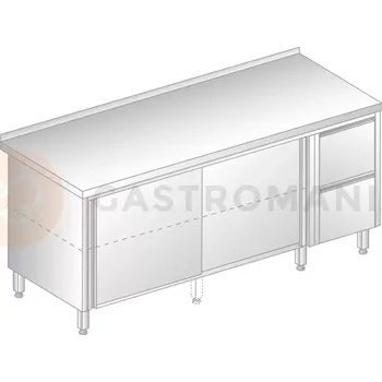 Nerezový dřez Stůl přístěnný z nerezové oceli se skříňkou, posuvnými dveřmi a 2 šuplíky 1500x600x850 mm | DORA METAL, DM-3126