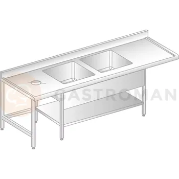 Nerezový dřez Stůl přístěnný z nerezové oceli s místem na myčku, otvorem pro odpad, 2 dřezy, poličkou, zadní lištou a okapovou lištou 2300x700x850 mm | DORA METAL, DM-S-3230