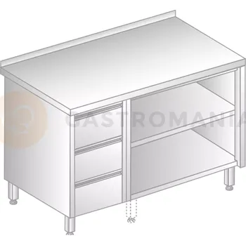 Nerezový dřez Stůl přístěnný z nerezové oceli s otevřenou skříňkou a 3 šuplíky 1900x600x850 mm | DORA METAL, DM-3129