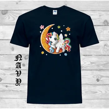 Dívčí tričko detske-levne-bavlnene-tricko-potisk-jednorozec-mesic Barva: Navy - tmavě modrá, velikost: 152