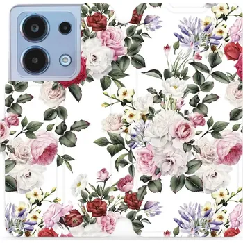 Pouzdro na mobilní telefon Flipové pouzdro Mobiwear - Xiaomi Redmi Note 13 4G - MD01S Růže na bílé (Knížkové flip pouzdro, obal, kryt na mobil Xiaomi Redmi Note 13 4G - MD01S Růže na bílé, materiál Umělá kůže + TPU - ochrana 360°, stojánek, silikonová vanička, magnetické zavírání)