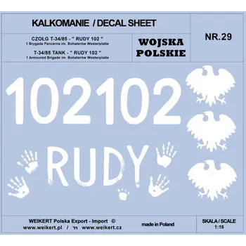 Plastikový model Weikert decals 1/16 Polish Army T-34/85 RUDY 102, 1st Arm.Brigade