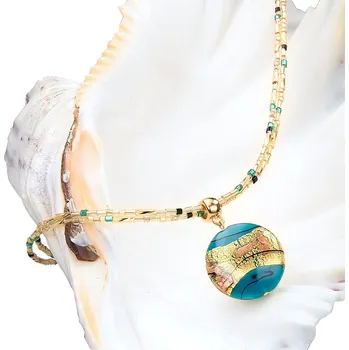Náhrdelník Lampglas Náhrdelník Turquoise Gold s 24karátovým zlatem v perle Lampglas