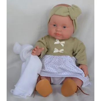 Panenka Realistické miminko - holčička - Petit v zelenošedých šatech s bílou sukní od firmy Lamagik (španělské miminko 39 cm)