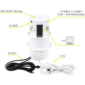 Elektrická zásuvka IN-LIGHT Výsuvný sloupek MULTI 4x 230V, 2xRJ45, A+C nab. a bezdrátová nabíječka bílý