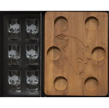 Sklenice Bohemia Crystal set na lihoviny pro rybáře na dřevěném prkýnku 6 panákovek 30ml