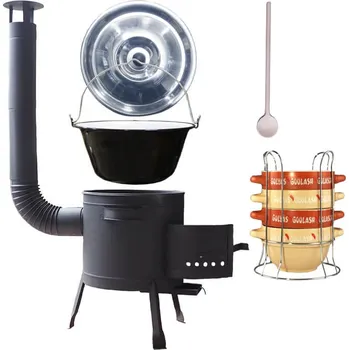 Kempingové nádobí Smaltovaný kotlík 25 L (1,2 mm) + nízká žáruvzdorná kotlina 42 PLUS 600 + nerezová poklice + vařečka + misky na guláš 4 ks