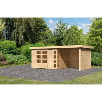 Zahradní domek Dřevěný domek KARIBU KERKO 5 + přístavek 2,4 m včetně zadní a boční stěny Varianta: dřevěný domek KARIBU KERKO 5 + přístavek 240 cm včetně zadní a boční stěny (9197) natur LG2987