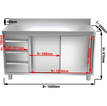 Kuchyňská skříňka G.Gastro Pracovní skříňka PREMIUM z nerezové oceli - 1,6 m - se 3 šuplíky vlevo & obkladovým panelem