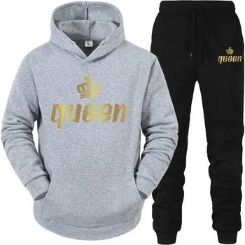 Dámská párová tepláková souprava s potiskem Queen Barevná varianta: Šedá mikina - černé kalhoty, Velikost: M