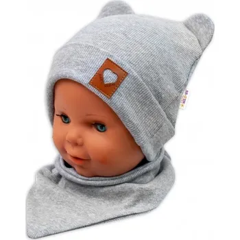 Módní doplněk Baby Nellys Žebrovaná dvouvrstvá čepice s oušky + šátek TEDDY - šedý melír, Velikost koj. oblečení 80-86 (12-18m)