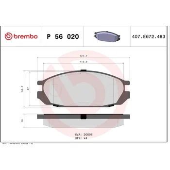 Autodíl Sada brzdových destiček, kotoučová brzda BREMBO P 56 020