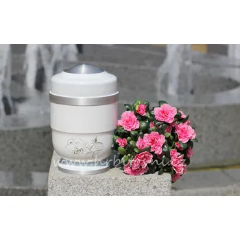 Smuteční dekorace Urna hliníková bílá s rytou růží (Pohřební urna)
