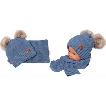 Čepice Zimní čepice s kožešinovými bambulemi + šál Baby Nellys Star - modrá, 6/24 měsíců, Velikost koj. oblečení 80-92 (12-24m)