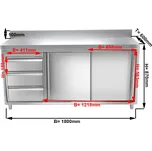 G.Gastro Pracovní skříňka PREMIUM z nerezové oceli - 1,8 m - se 3 šuplíky a obkladovým panelem