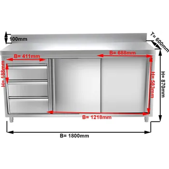 Kuchyňská skříňka G.Gastro Pracovní skříňka PREMIUM z nerezové oceli - 1,8 m - se 3 šuplíky a obkladovým panelem