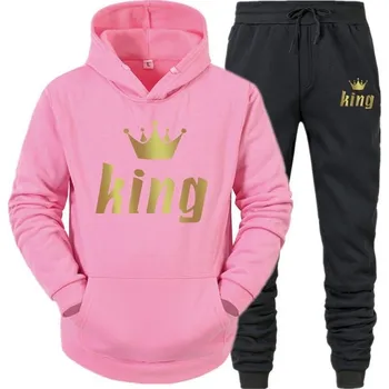 Pánská mikina Pánská párová tepláková souprava s potiskem King Barevná varianta: Růžová mikina - černé kalhoty, Velikost: S