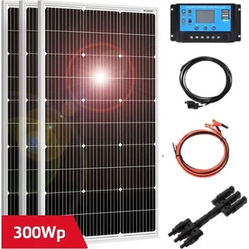solární panel Solární set, 3x solární panel v hliníkovém rámu 970x565mm (celkem 300Wp), PWM Regulátor 30A, kabel pro připojení solárních panelů, kabel pro připojení k baterii 12 nebo 24V (Solární panel 100Wp, solární regulátor, rámový solární panel)