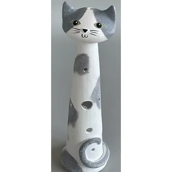 Svícen KERAMICKÝ SVÍCEN BÍLOŠEDÁ KOČKA 29 cm (Keramická dekorace na svíčku s kočkou, kočka)