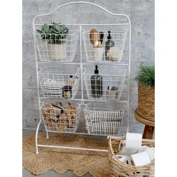 Komoda Bílý antik kovový regál s košíky Fil de Fer - 76*24*122cm