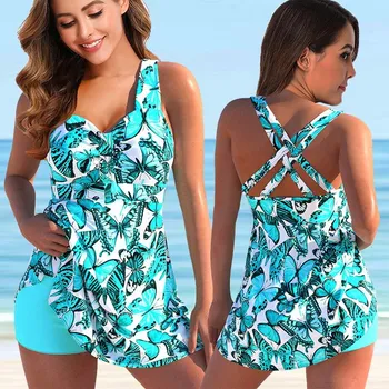 Dámské plavky Dámské plavky dvojdílné "Plus Size" tankiny se stažením mezi košíčky (1-4) Barva: motýlci (8316-light blue), Velikost: 6XL