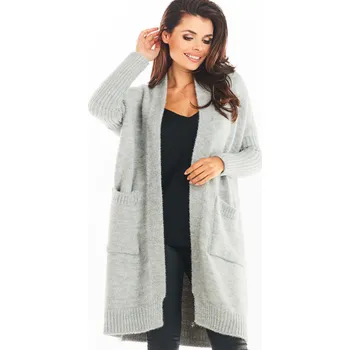 Dámský svetr Nezapínací cardigan s dlouhým rukávem, midi A395 Barva: Šedá, Velikost: ONE SIZE