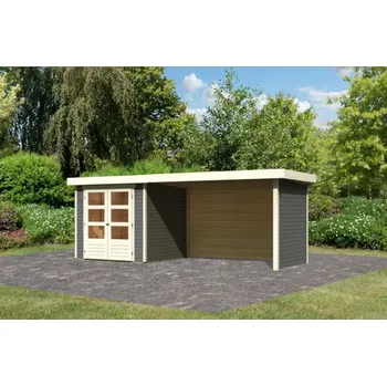 Zahradní domek Dřevěný domek KARIBU ASKOLA 2 + přístavek 2,8 m včetně zadní a boční stěny Šedý Varianta: dřevěný domek KARIBU ASKOLA 2 + přístavek 280 cm včetně zadní a boční stěny (82922) šedý LG3223