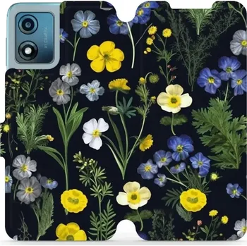 Pouzdro na mobilní telefon Flipové pouzdro Mobiwear - Motorola Moto E13 - VP47S Kvítky v černé (Knížkové flip pouzdro, obal, kryt na mobil Motorola Moto E13 - VP47S Kvítky v černé, materiál Umělá kůže + TPU - ochrana 360°, stojánek, silikonová vanička, magnetické zavírání)