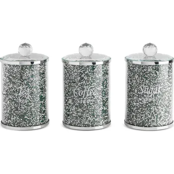 Dóza na potraviny SADA 3KS NÁDOB NA ČAJ, CUKR A KÁVU POKRYTÁ KŘISTALIKY 10x10x17 CM ZELENÁ/STŘÍBORNÁ