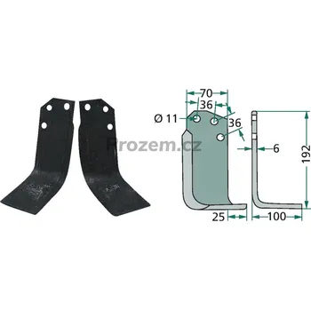 Pracovní nůž Frézovací zahnutý nůž levý pro Agria, 06038, 36/11/192 mm