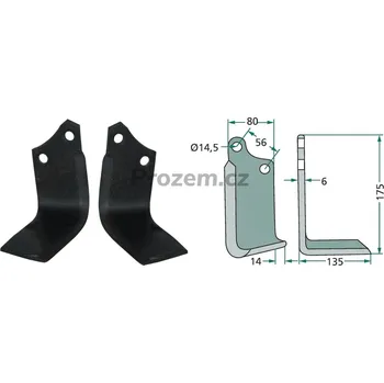 Pracovní nůž Frézovací zahnutý nůž pravý pro Maschio, M02108430R, 02108430, 56/14,5/175 mm