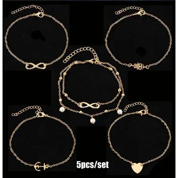 Řetízek B-TOP Sada 5 ks řetízků na nohu s přívěsky Druh barvy: Zlatá