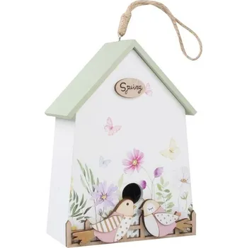 dekorace BUDKA bílá s ptáčky 12x7x18cm, závěs